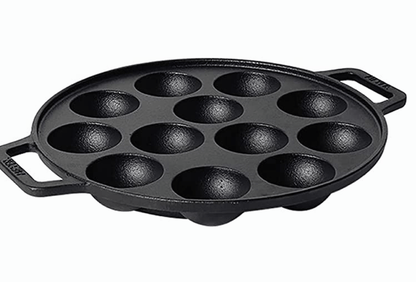 Meyer Pre Seasoned Cast Iron 12 Cavity Appam Patra | Paniyaram Pan Cast Iron | Appam Pan | Pan Cake | Paddu Maker | Appam Maker | Ponganal Maker | Appe Pan | Litti Maker with 2 Side Handle, 20cm