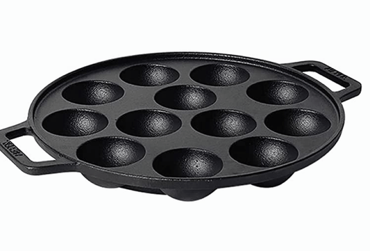 Meyer Pre Seasoned Cast Iron 12 Cavity Appam Patra | Paniyaram Pan Cast Iron | Appam Pan | Pan Cake | Paddu Maker | Appam Maker | Ponganal Maker | Appe Pan | Litti Maker with 2 Side Handle, 20cm
