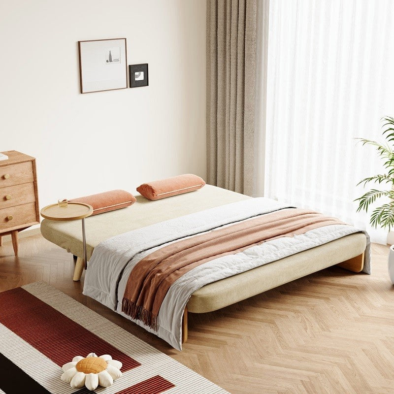 Mid-Century Beige Modern Rattan Daybed Full Folding Sofa Cum Bed, 3-Seater Convertible Sleeper Lounge Chair with Wooden Side Tray