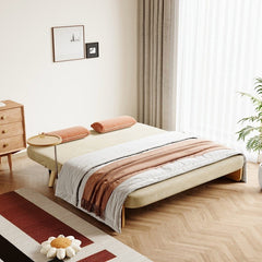 Mid-Century Beige Modern Rattan Daybed Full Folding Sofa Cum Bed, 3-Seater Convertible Sleeper Lounge Chair with Wooden Side Tray
