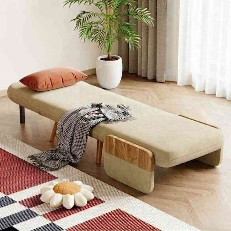 Mid-Century Beige 3-in-1 Convertible Single Seater Sofa Cum Bed with Solid Wood Arm Base