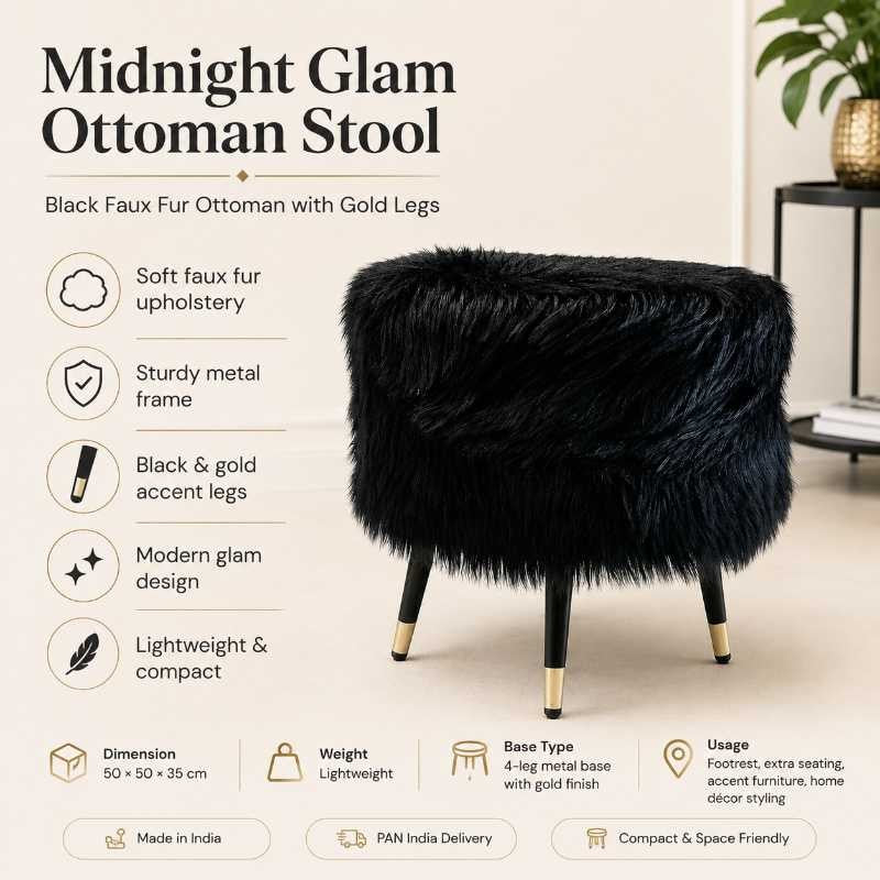 Midnight Glam Black Faux Fur Ottoman Stool with Gold Legs for Modern Home Decor | Black Faux ottoman stool