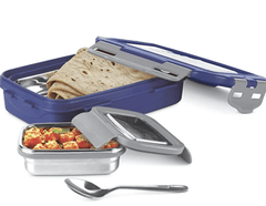 MILTON Steely Super Deluxe Insulated Inner Stainless Steel Big Tiffin Box, 500 ml, with Inner Stainless Steel Container, 175 ml and Spoon, Dark Blue | Kids Lunch Box | Easy to Carry | Easy to Clean-1