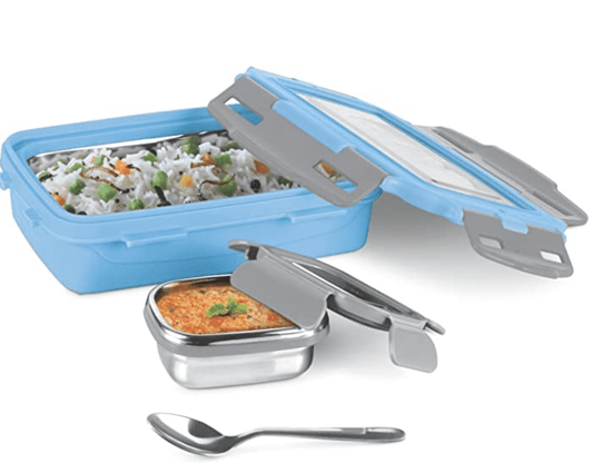 MILTON Steely Super Deluxe Insulated Inner Stainless Steel Small Tiffin Box, 400 ml, with Inner Stainless Steel Container, 120 ml and Spoon, Sky Blue | Kids Lunch Box | Easy to Carry | Easy to Clean