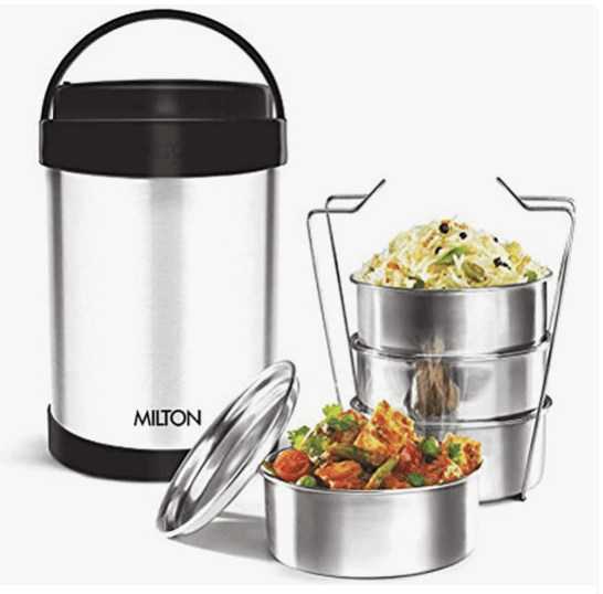 MILTON Royal 4 Insulated Tiffin Box, 4 Stainless Steel Containers, 600 ml Each, Silver | Leak Proof | Food Grade | Easy to Carry | PU Insulated