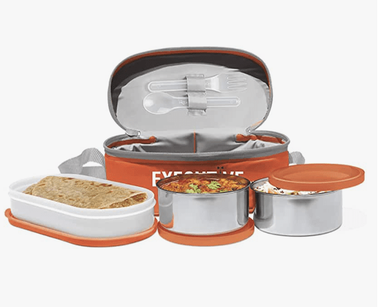 MILTON Executive Lunch Insulated Tiffin, 2 Round Containers, 280 ml Each, 1 Oval Container, 450 ml, Orange| Microwave Safe | Easy to Carry | Leak Proof | Insulated Tiffin | Hot Food-1