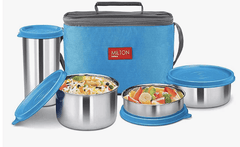 Milton Delicious Combo Stainless Steel Insulated Tiffin, Set of 3 Containers (200 ml, 320 ml, 500 ml) and 1 Tumbler, 380 ml, Blue | Airtight | Dishwasher-Safe | Easy to carry | Leak proof | Insulated | Food Grade | Odour Proof-1