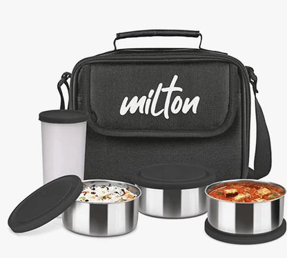 MILTON New Steel Combi Lunch Box, 3 Containers and 1 Tumbler with Jacket, Set of 4, Black | Food Grade | Light Weight | Dishwasher Safe | Easy to Carry | Leak Proof