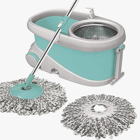 Spotzero by Milton Prime Spin Mop with Big Wheels and Stainless Steel Wringer, Bucket Floor Cleaning and Mopping System, 2 Microfiber Refills, Aqua Green