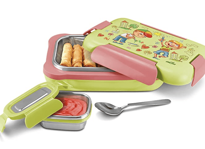 MILTON More Meal Insulated Inner Stainless Steel Small Tiffin Box, 600 ml, with Inner Stainless Steel Container, 120 ml and Spoon, Parrot Green | Food Grade | Easy to Carry | Easy to Clean