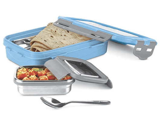 MILTON Steely Super Deluxe Insulated Inner Stainless Steel Big Tiffin Box, 500 ml, with Inner Stainless Steel Container, 175 ml and Spoon, Sky Blue | Kids Lunch Box | Easy to Carry | Easy to Clean