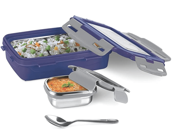 MILTON Steely Super Deluxe Insulated Inner Stainless Steel Small Tiffin Box, 400 ml, with Inner Stainless Steel Container, 120 ml and Spoon, Dark Blue | Kids Lunch Box | Easy to Carry | Easy to Clean