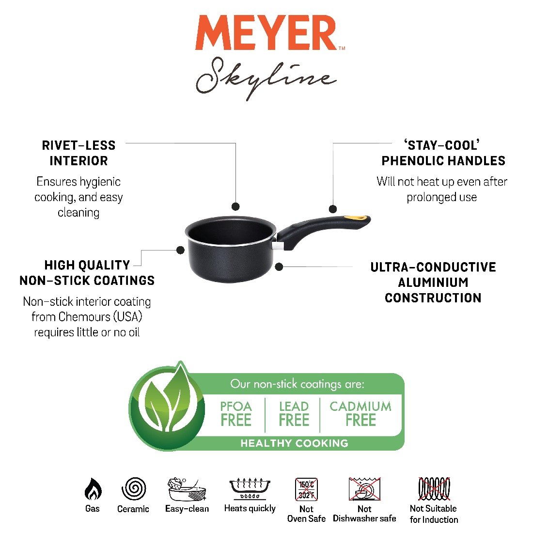 Meyer Skyline Non-Stick Milkpan 16cm, Black