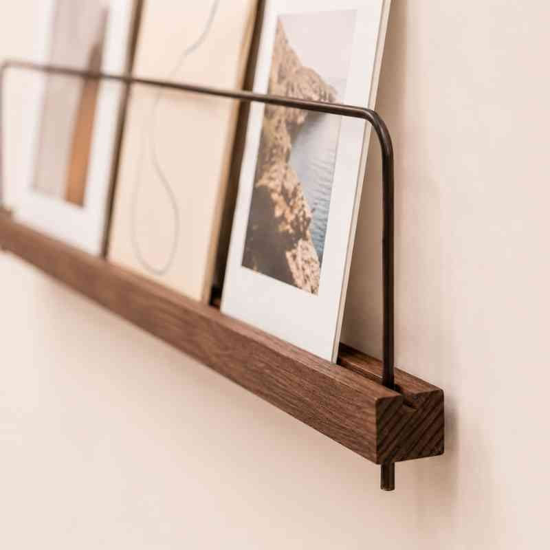 Acacia Wood Picture Ledge Wall Shelves with Steel Bar – Photo, Polaroid & Postcard Display (Set of 4, Brown)