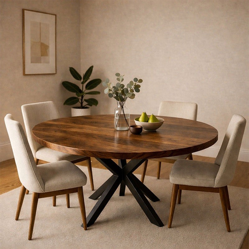 Modern Acacia Solid Wood Round Dining Table with Metal Legs (4-Seater)