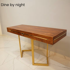 Solid Acacia Wood Transformer Table – Extendable, Standing & Gaming Desk to Dining Table with Hydraulic Lift and Storage