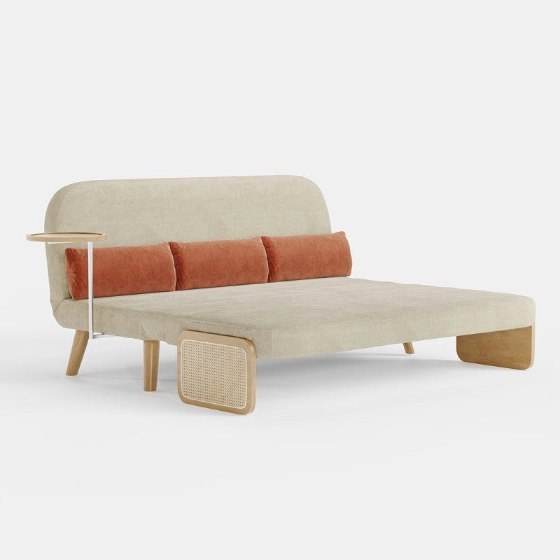 Mid-Century Beige Modern Rattan Daybed Full Folding Sofa Cum Bed, 3-Seater Convertible Sleeper Lounge Chair with Wooden Side Tray