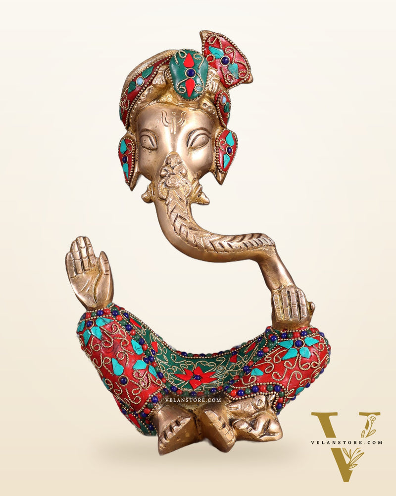 Modern Brass Ganesha abstract statue with floral stonework