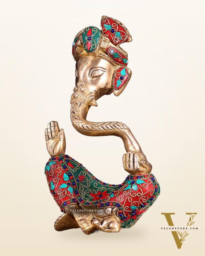 Modern Brass Ganesha abstract statue with floral stonework