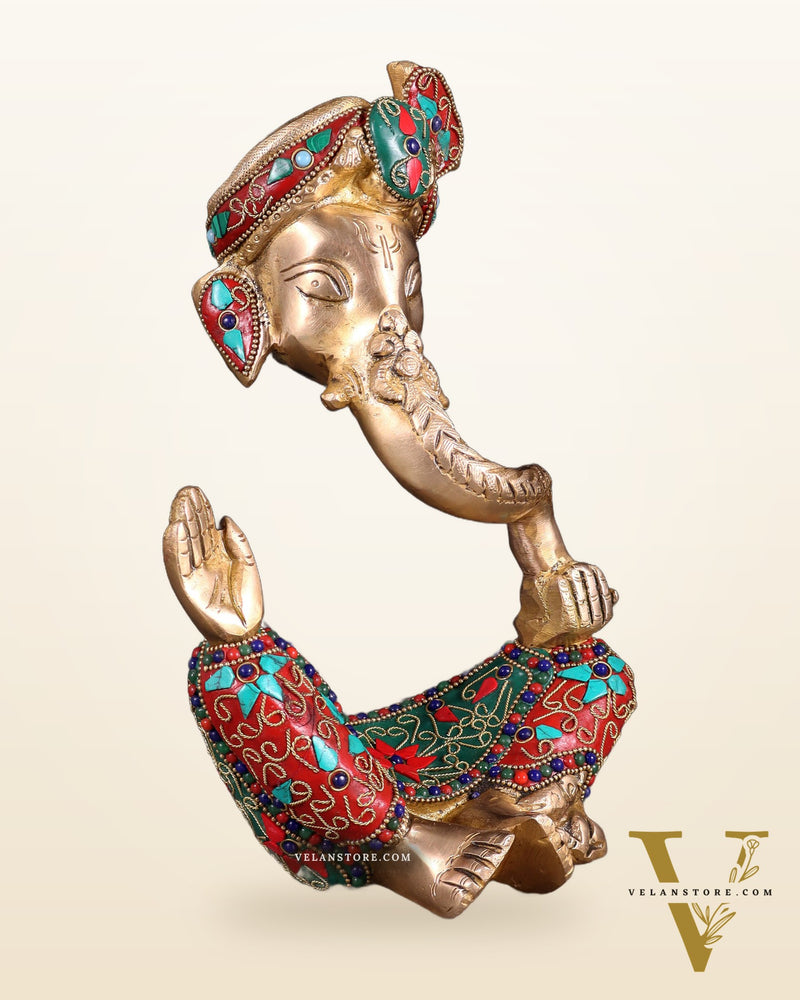 Modern Brass Ganesha abstract statue with floral stonework