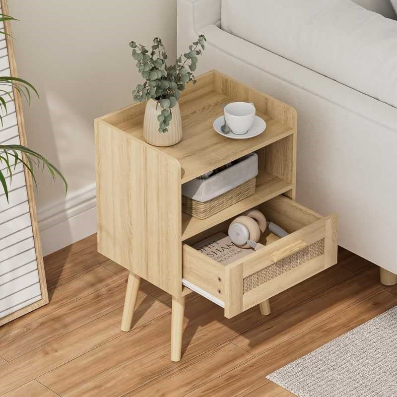 Scandinavian Wooden Bedside Table with Cane Drawer & Open Shelf