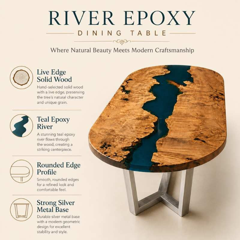 Live Edge Teal Epoxy Resin River Dining Table with Silver Metal Base, Handmade Wood Resin Furniture