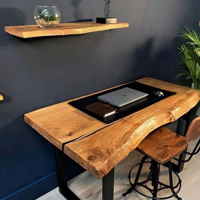 Live Edge Executive Desk with Floating Wall Shelf – Solid Wood Office Table (Natural Finish)