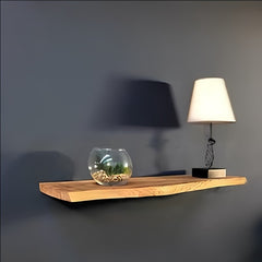 Live Edge Executive Desk with Floating Wall Shelf – Solid Wood Office Table (Natural Finish)
