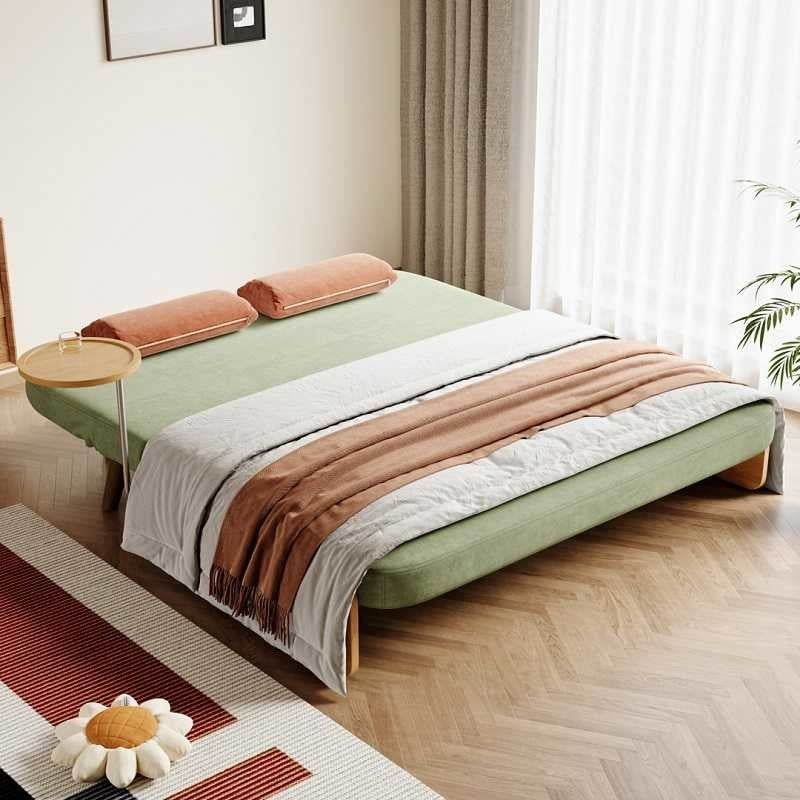 Mid-Century Green Modern Rattan Daybed Full Sofa Cum Bed, 3-Seater Folding & Adjustable Sleeper Longue Chair with Side Tray