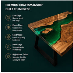 Handmade Live Edge Epoxy Resin Dining Table, Green River Dining Table for Modern Kitchen & Dining Area, Live Edge Natural Wood Artistic Top