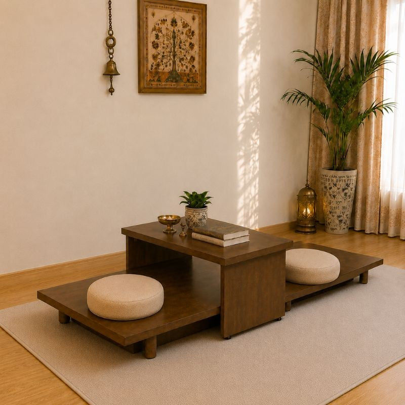 Japanese Style Modular Sofa Bed with Sliding Tea Dining Table – Space Saving Wooden Lounge
