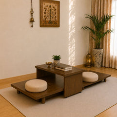 Japanese Style Modular Sofa Bed with Sliding Tea Dining Table – Space Saving Wooden Lounge