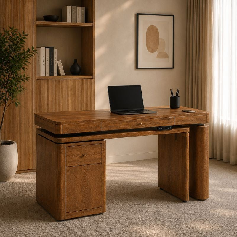 FlowFlex 360-Degree Rotating Electric Adjustable Standing Desk, Modern L shaped Executive Desk with Storage Cabinets
