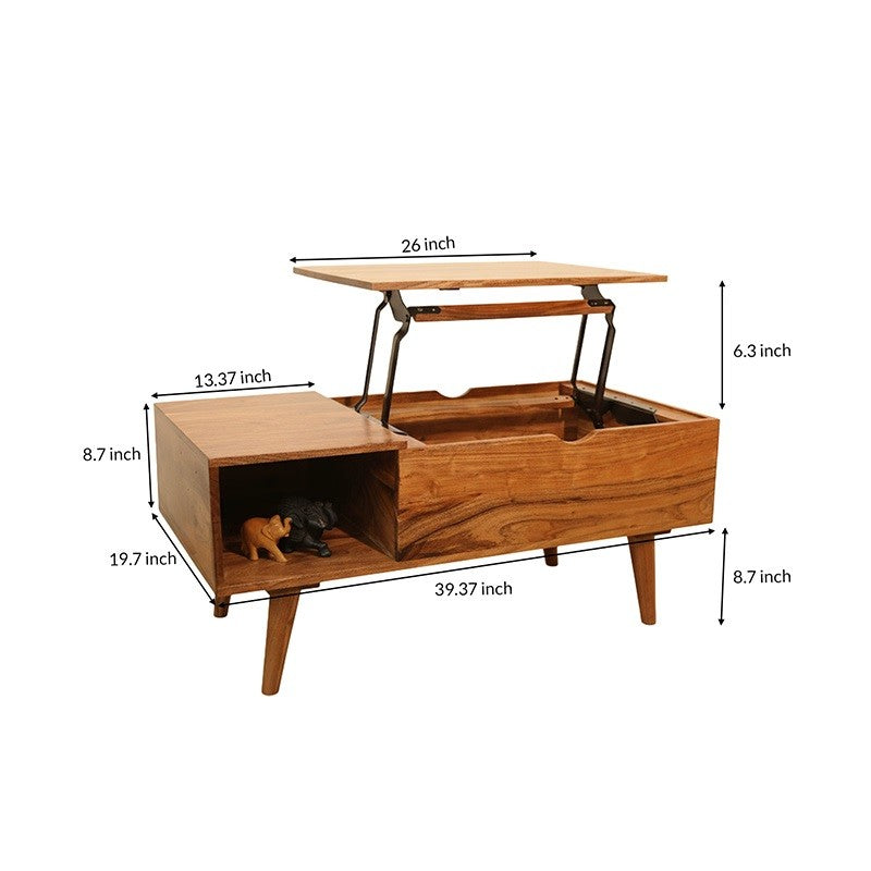 Modern Lift-Top Center Table with Hidden Storage & Side Shelves – Rustic Finish