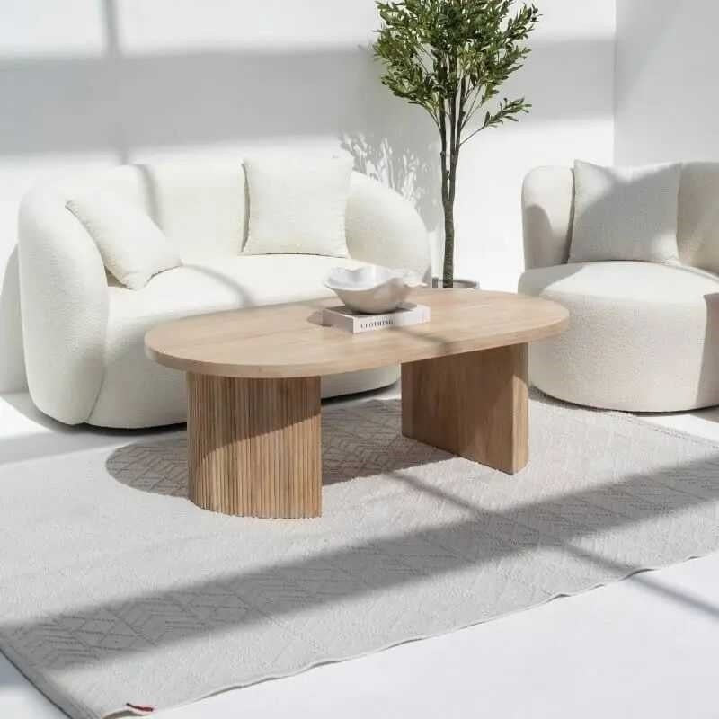 Modern Oval Coffee or Centre Table | Textured Slat Legs Sleek Oval Shape | Acacia Wood | 18x4x2 in | Light Acacia | Living Room