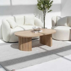 Modern Oval Coffee or Centre Table | Textured Slat Legs Sleek Oval Shape | Acacia Wood | 18x4x2 in | Light Acacia | Living Room