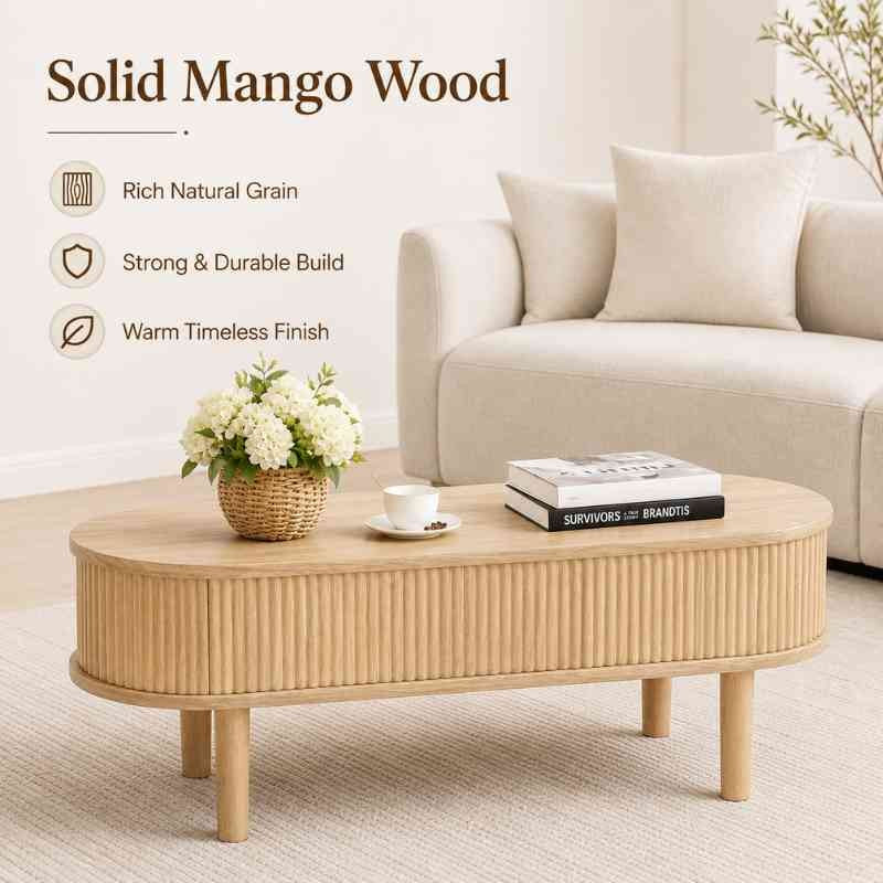 Space-Saving Oval Lift-Top Coffee Table with 3 Hidden Storage Compartments – Solid Mango Wood