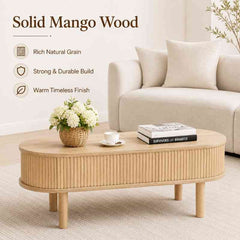 Space-Saving Oval Lift-Top Coffee Table with 3 Hidden Storage Compartments – Solid Mango Wood
