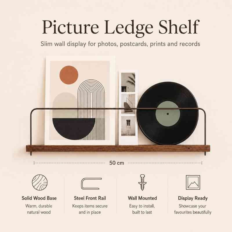 Acacia Wood Picture Ledge Wall Shelves with Steel Bar – Photo, Polaroid & Postcard Display (Set of 4, Brown)
