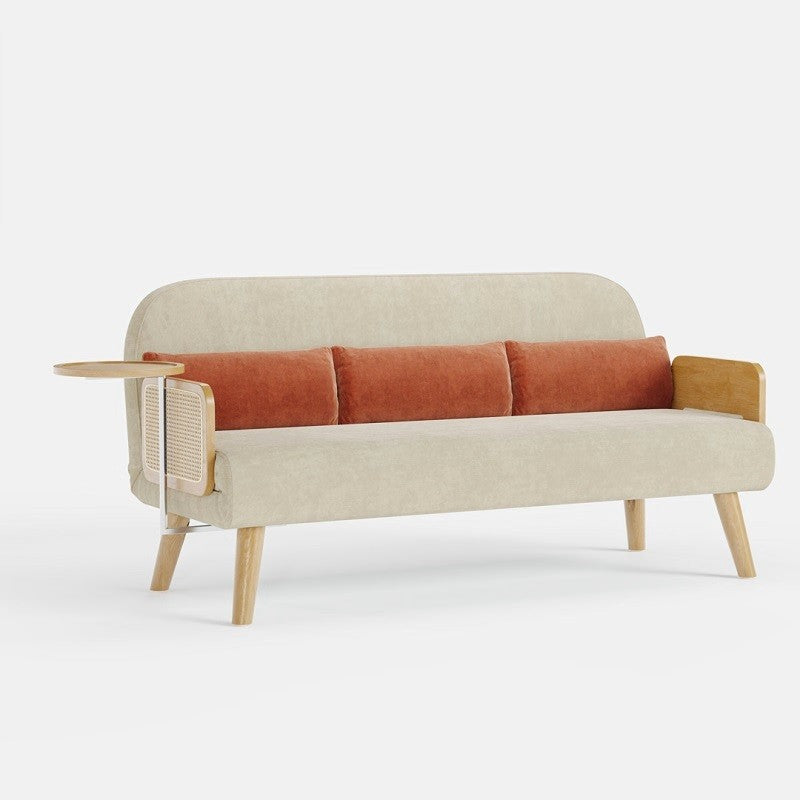 Mid-Century Beige Modern Rattan Daybed Full Folding Sofa Cum Bed, 3-Seater Convertible Sleeper Lounge Chair with Wooden Side Tray