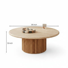 Roma White Round Marble Coffee Table with Ribbed Cylindrical Base – Luxury Living Room Furniture