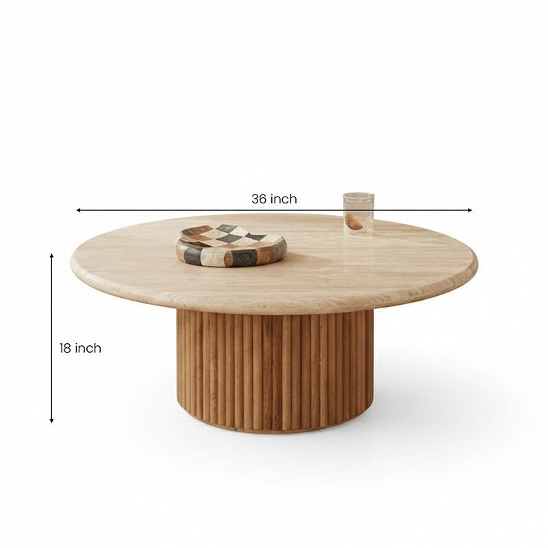Roma White Round Marble Coffee Table with Ribbed Cylindrical Base – Luxury Living Room Furniture