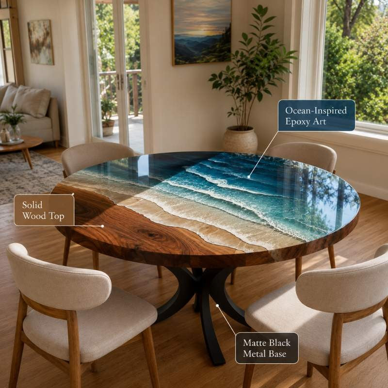 Custom Home Made Luxury Round Ocean Wave Epoxy Resin Dining Table with Black Metal Legs, River Kitchen Table | Natural Solid Wood, Blue Ocean Waves Epoxy Resin