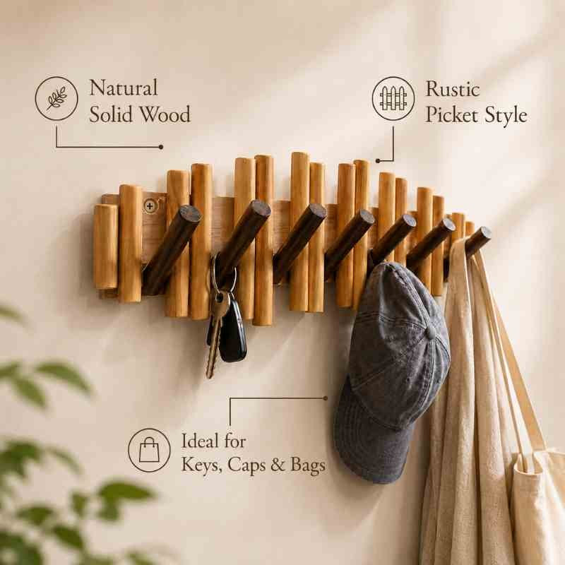 Natural Solid Wood Picket Coat Rack with 7 Flip Wall Hooks