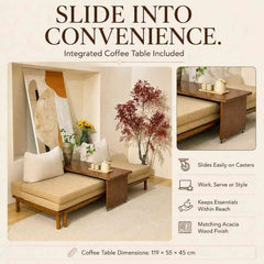 Scandinavian Acacia Wood Pull-Out Sofa Bed with Sliding Coffee Table – Beige Polyester