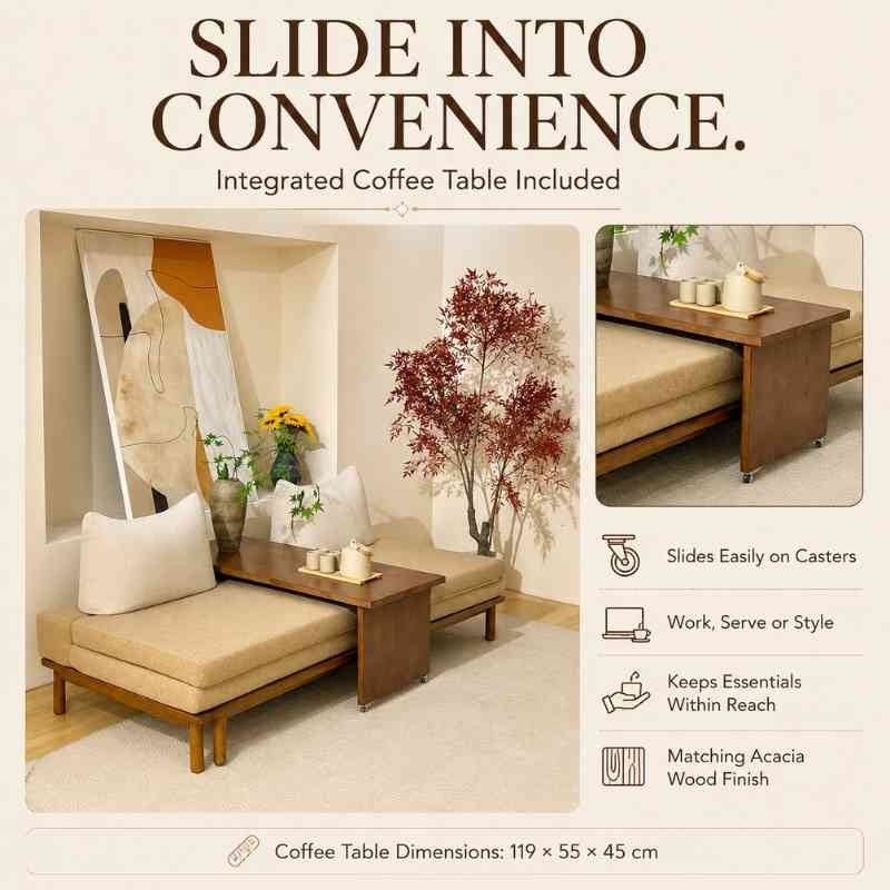 Scandinavian Acacia Wood Pull-Out Sofa Bed with Sliding Coffee Table – Beige Polyester