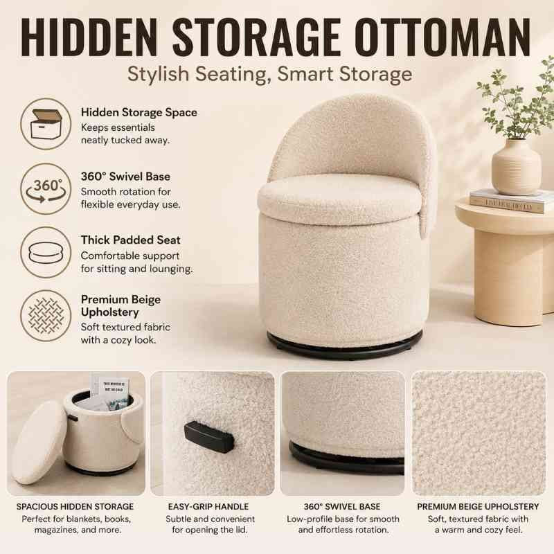 Modern Armless 360° Swivel Storage Ottoman Chair – Comfy Vanity Stool for Bedroom Living Room
