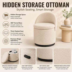 Modern Armless 360° Swivel Storage Ottoman Chair – Comfy Vanity Stool for Bedroom Living Room