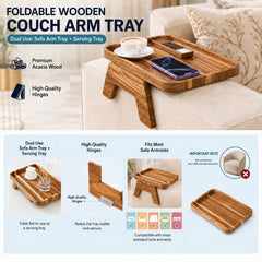 Luxury Wooden Sofa Arm Tray – Clip-On Couch Armrest Table for Drinks, Snacks & Remote