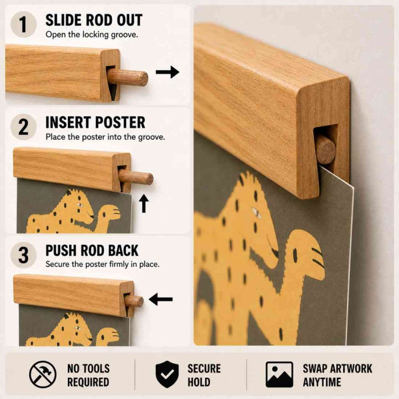 Acacia Wood Poster Hanger, Poster Holder – Wooden Locking Rod Design